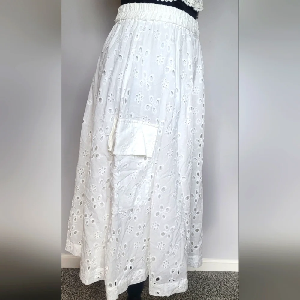 NU DENMARK White Eyelet Cargo Maxi Skirt. Sz S.‎ NWT